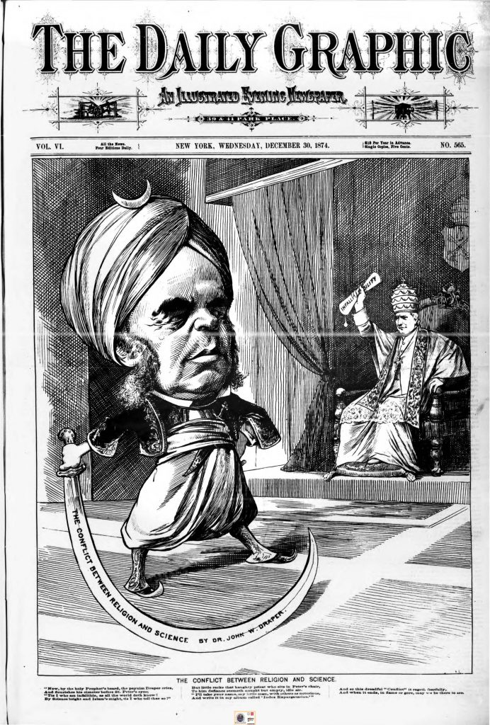 Newspaper cartoon from 1874 depicting Draper wearing Eastern costume