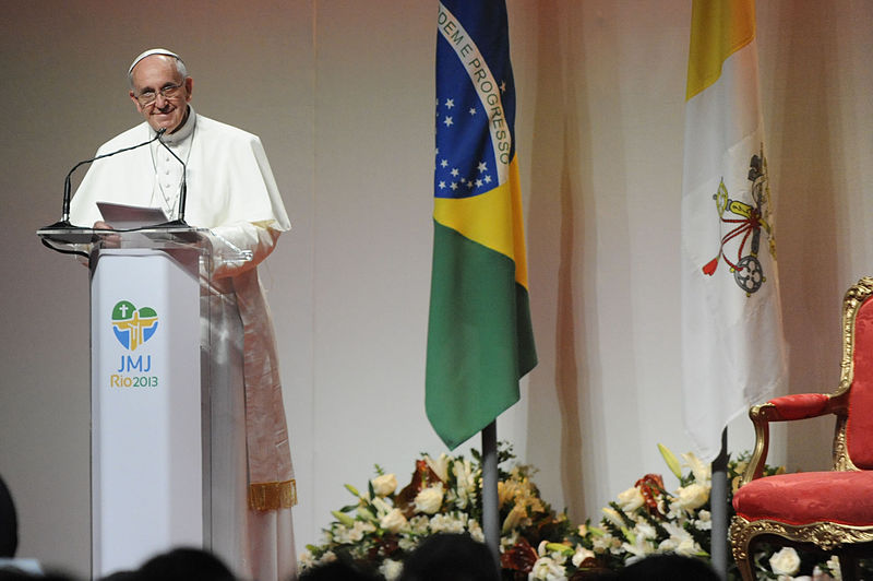 Pope Francis addresses an audience at the Galeão Air Force Base in 2013.