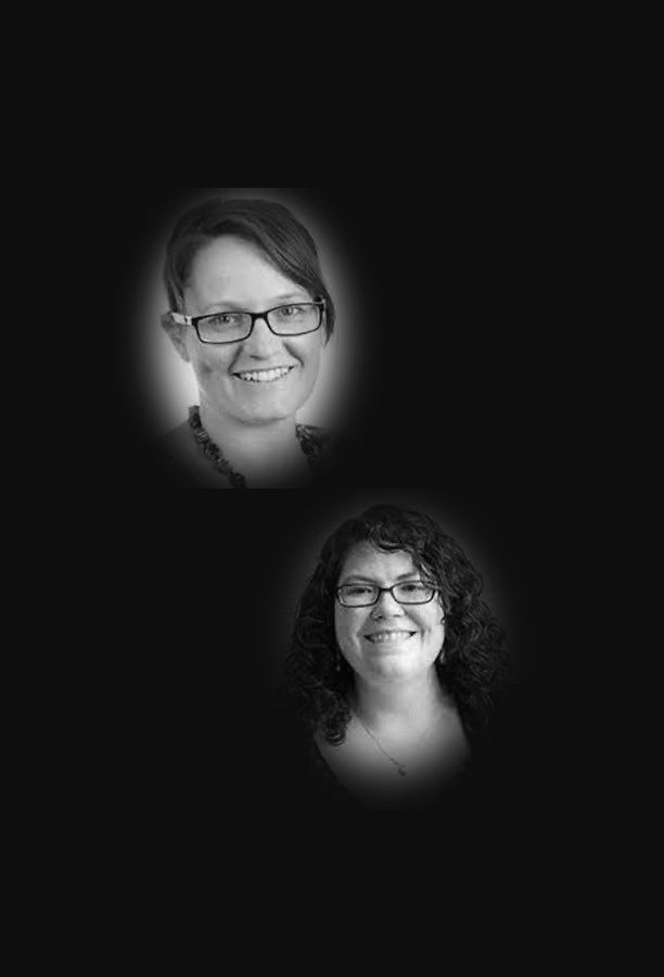A black and white profile image of Dr Carissa Sharp and Dr Carole Leicht